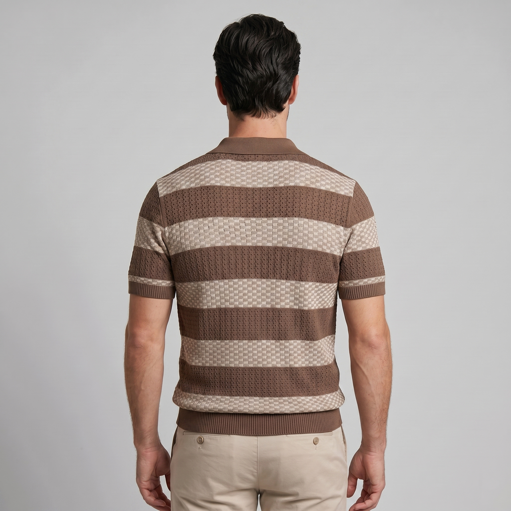 Navy Striped Jacquard Knit Polo Shirt for Men