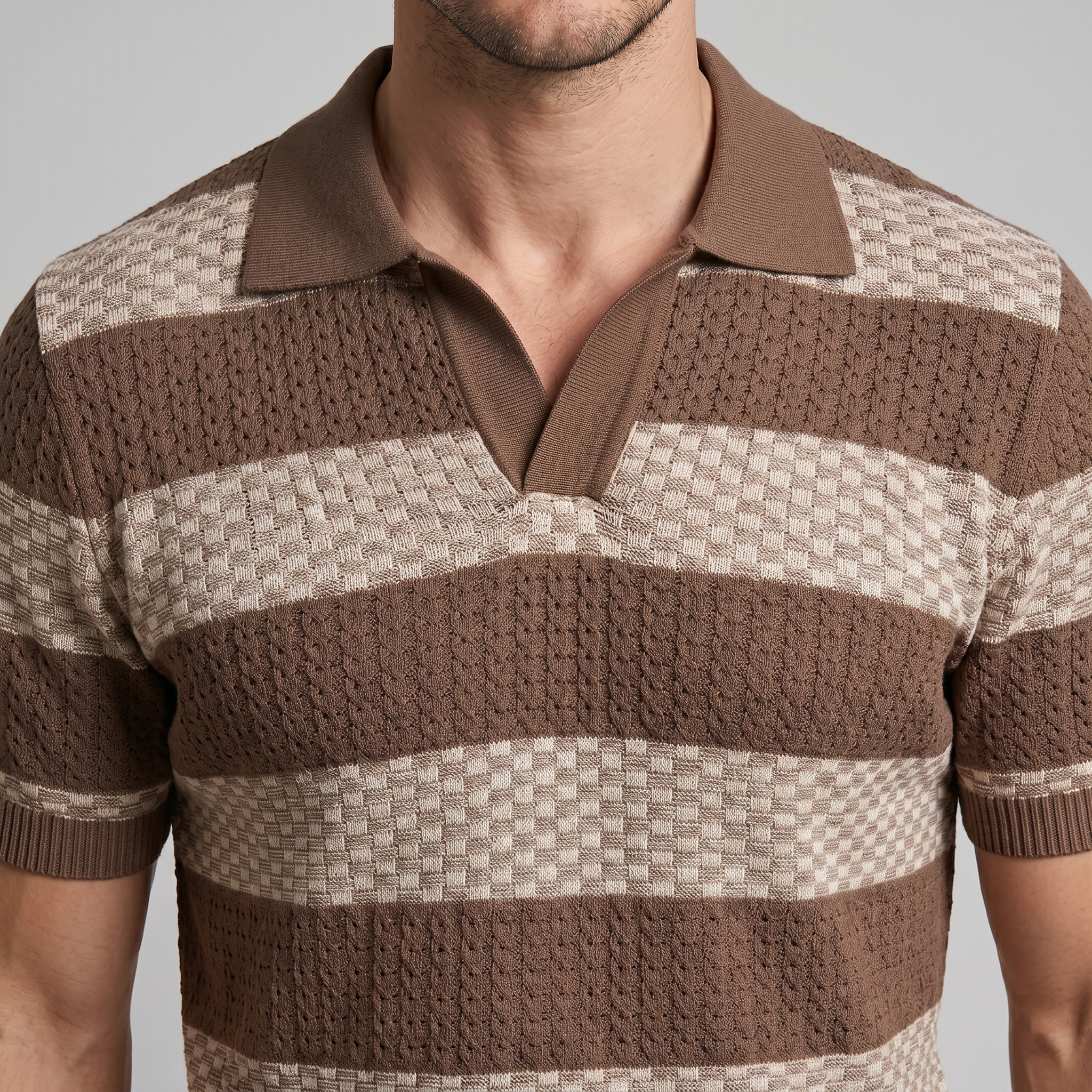 Navy Striped Jacquard Knit Polo Shirt for Men