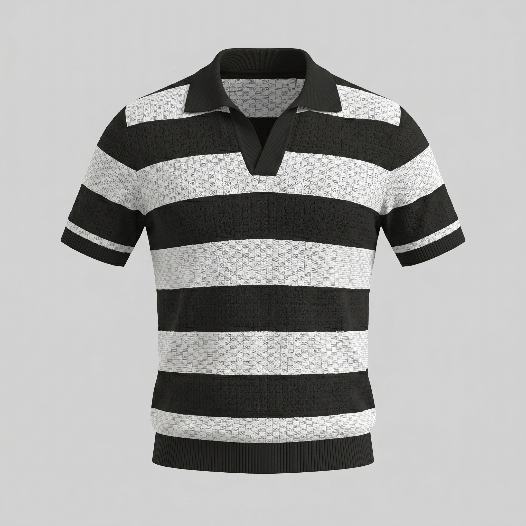Navy Striped Jacquard Knit Polo Shirt for Men