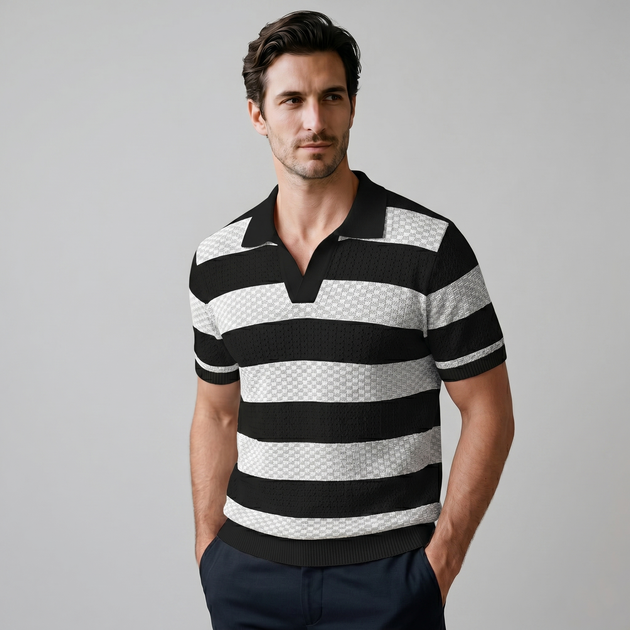 Navy Striped Jacquard Knit Polo Shirt for Men