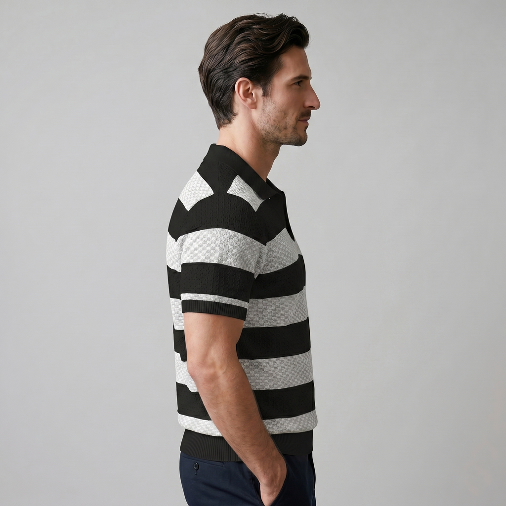 Navy Striped Jacquard Knit Polo Shirt for Men