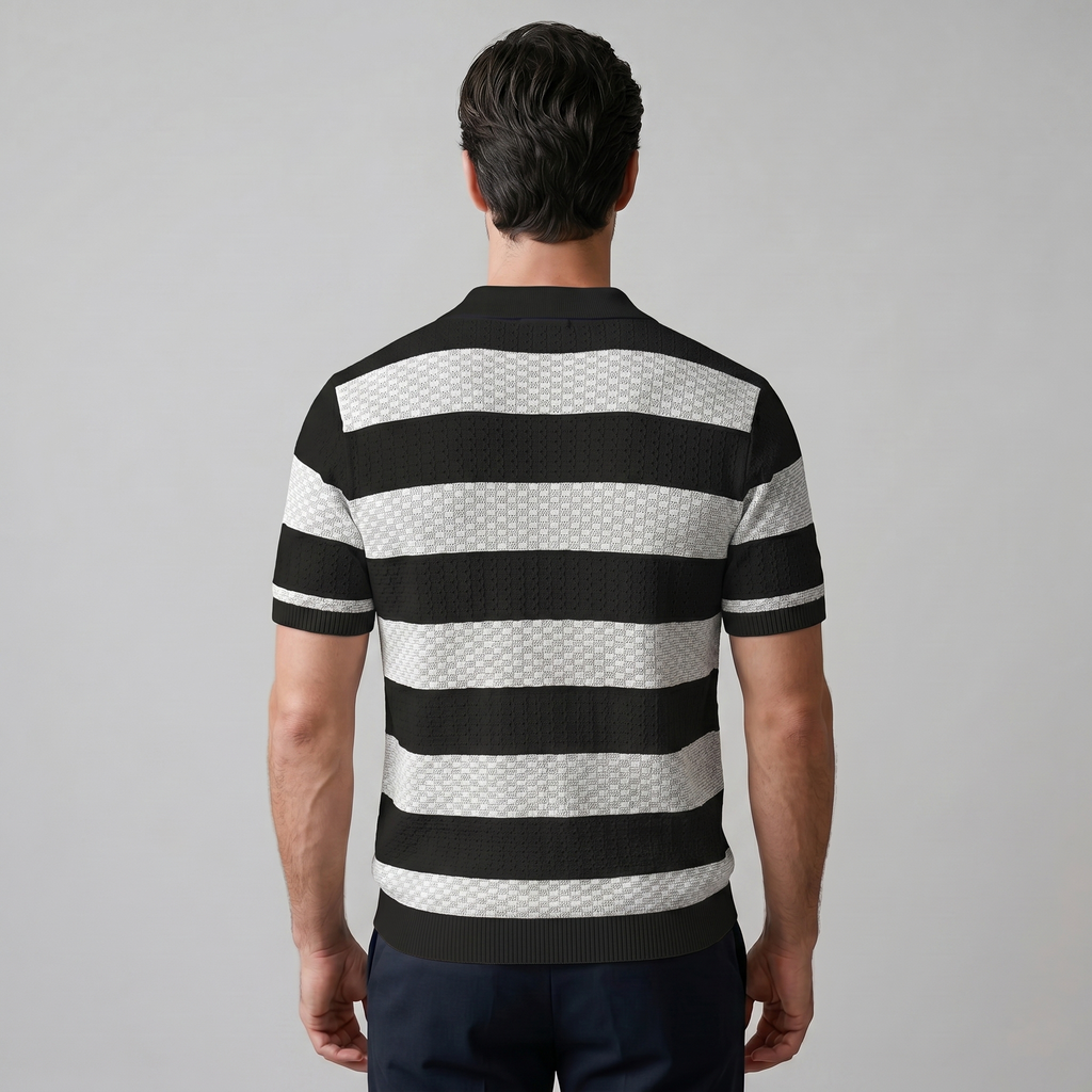 Navy Striped Jacquard Knit Polo Shirt for Men