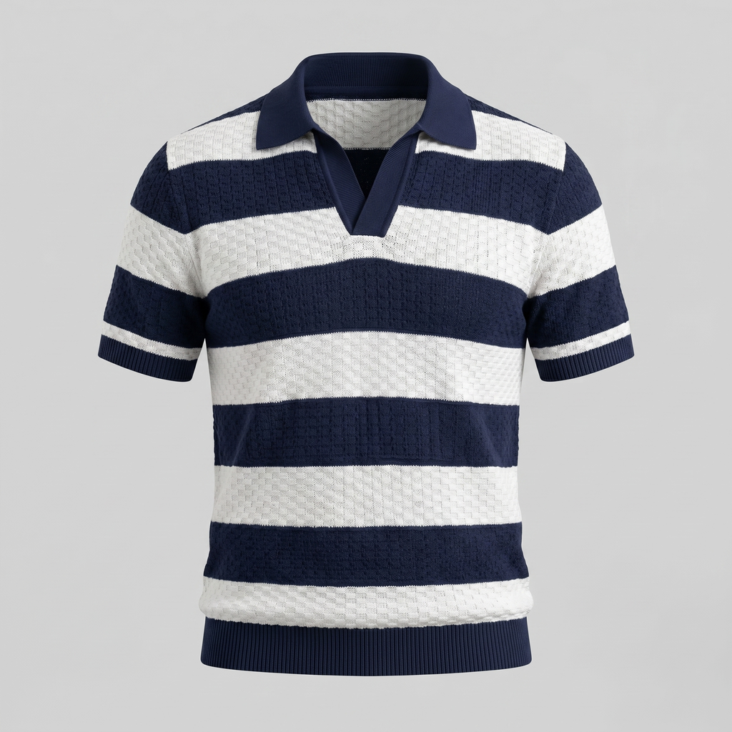 Navy Striped Jacquard Knit Polo Shirt for Men