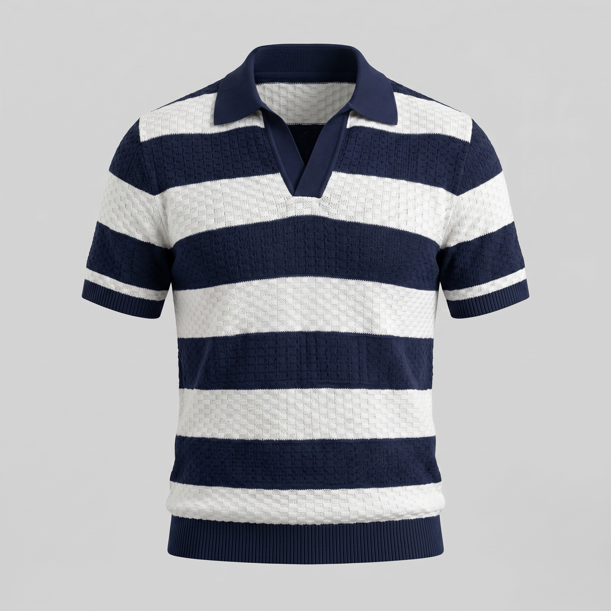 Navy Striped Jacquard Knit Polo Shirt for Men