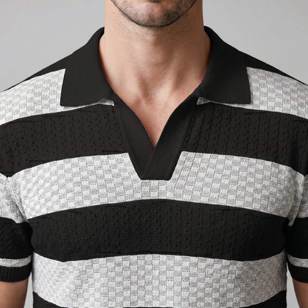 Navy Striped Jacquard Knit Polo Shirt for Men