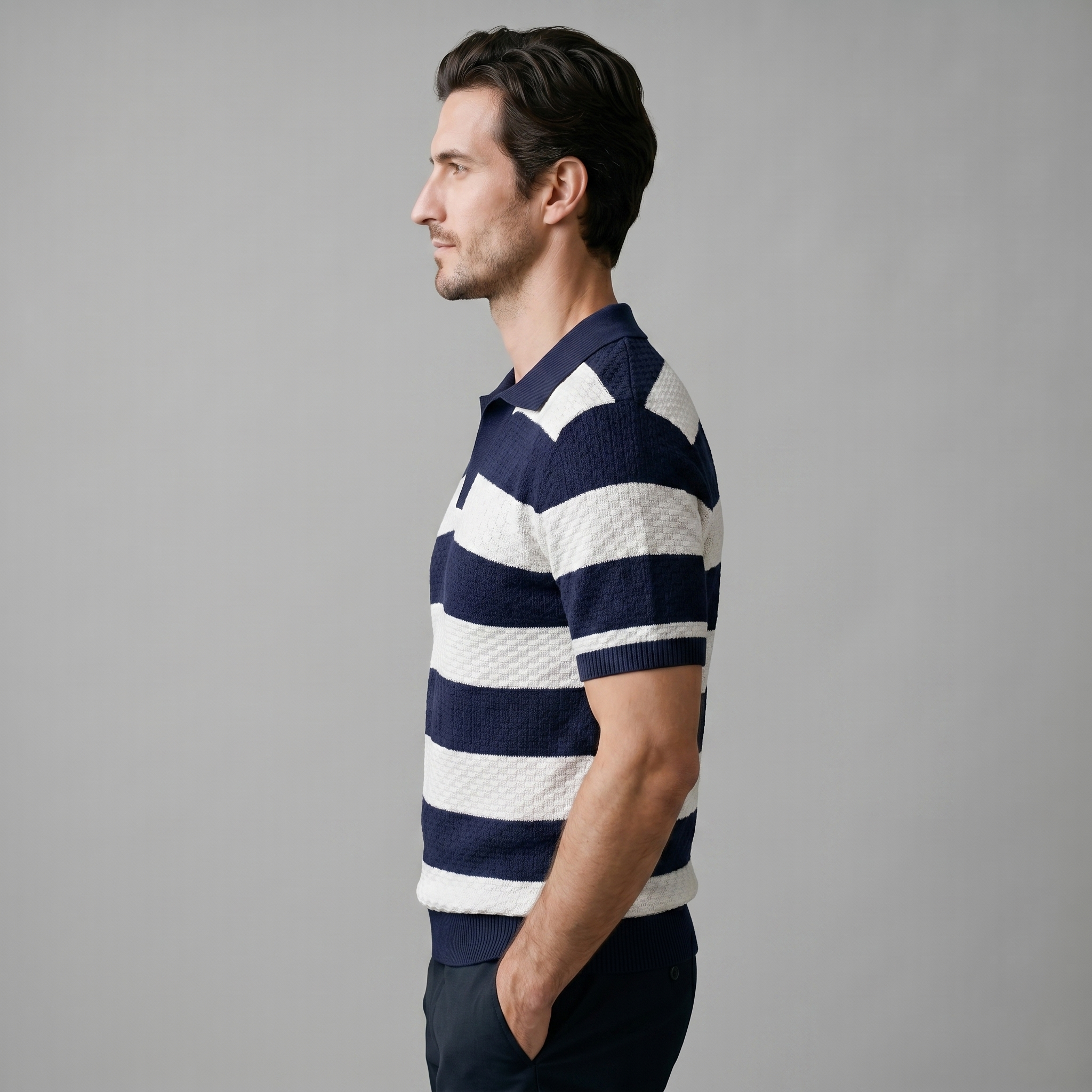 Navy Striped Jacquard Knit Polo Shirt for Men