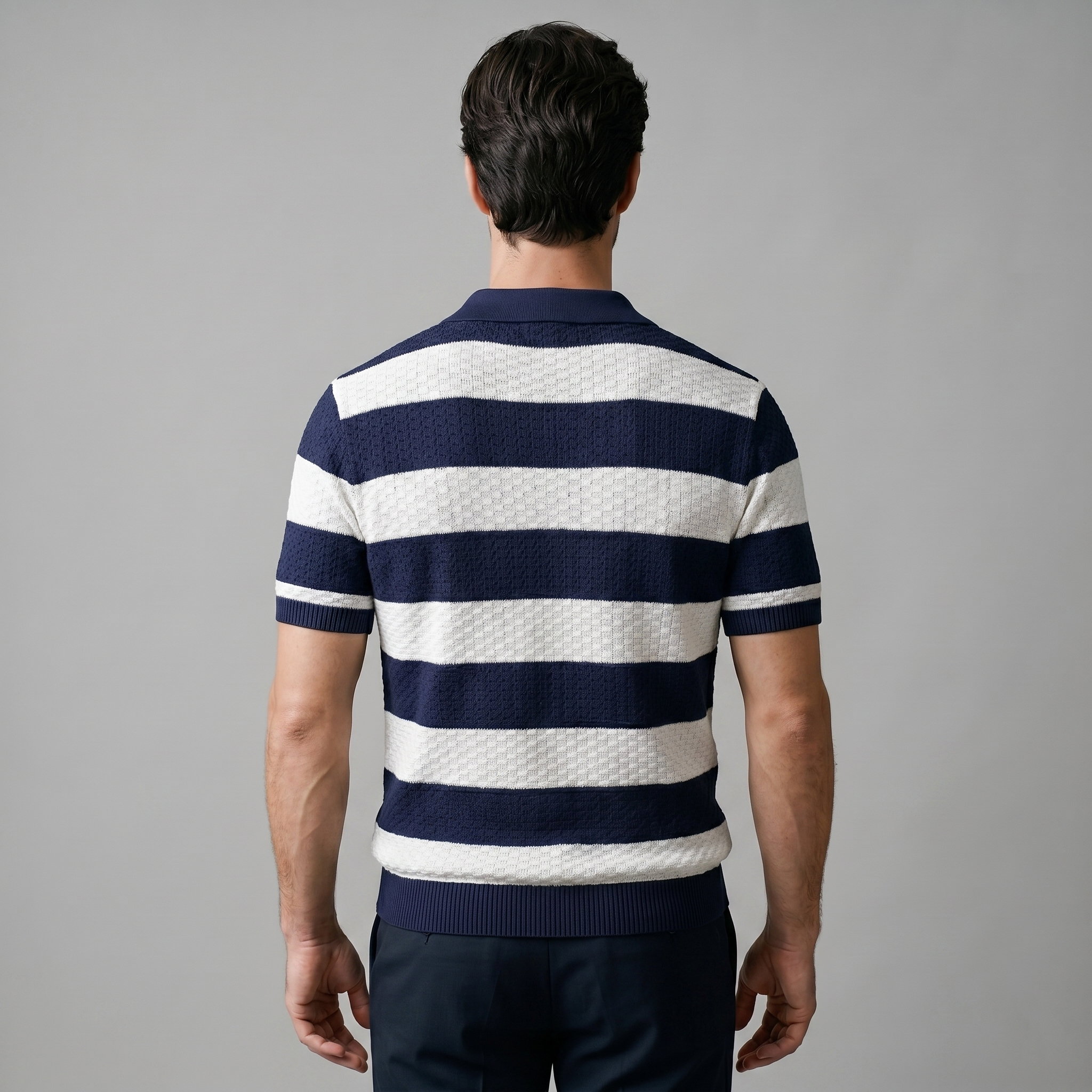 Navy Striped Jacquard Knit Polo Shirt for Men