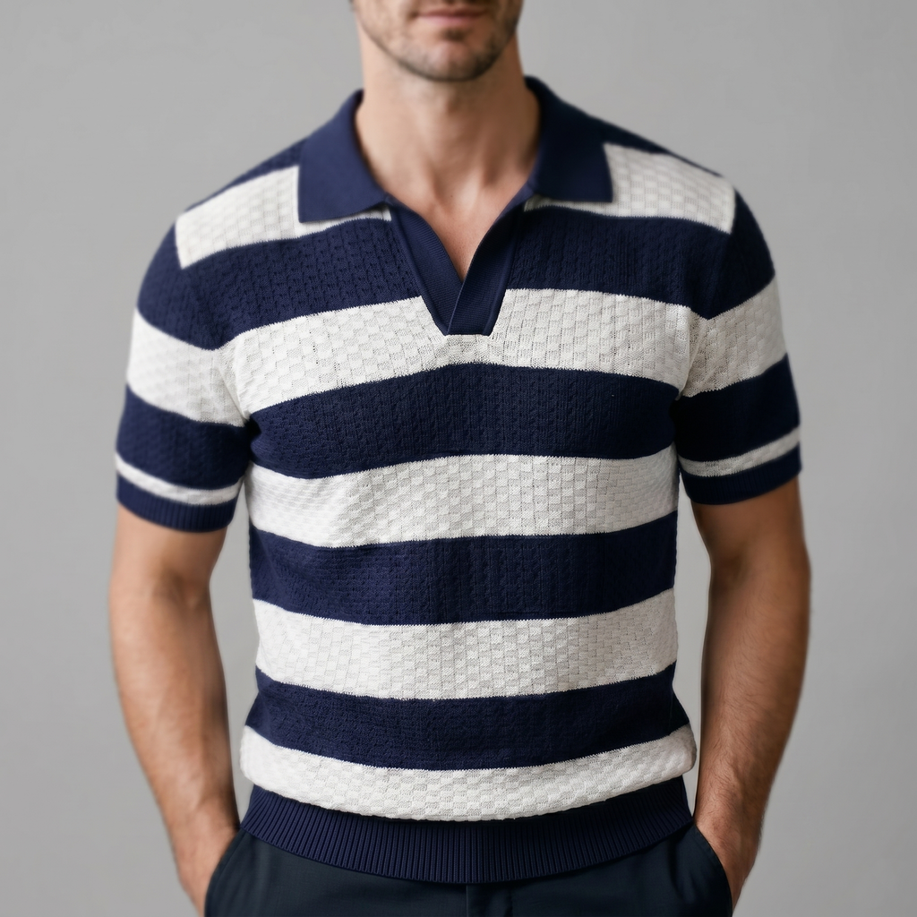 Navy Striped Jacquard Knit Polo Shirt for Men