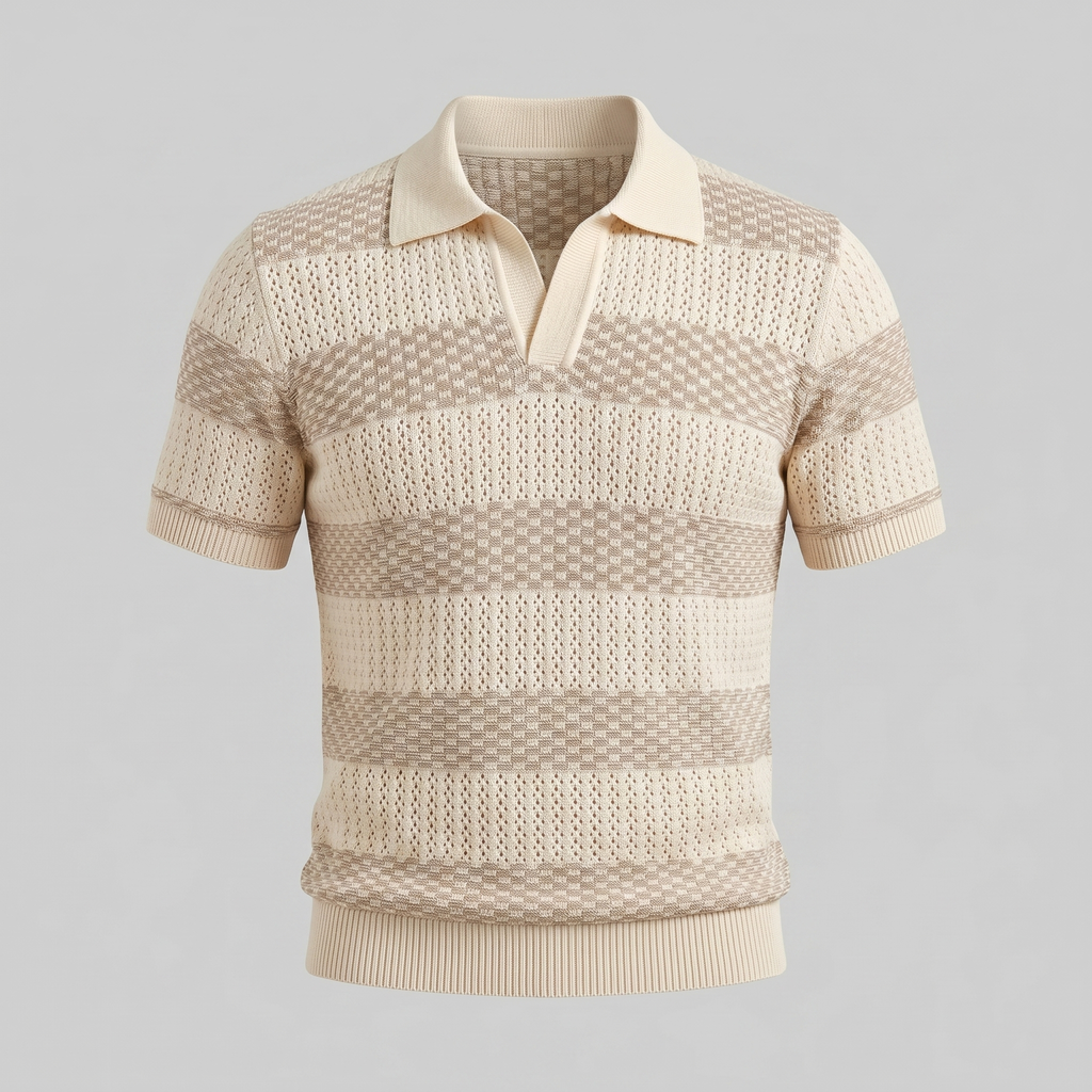 Navy Striped Jacquard Knit Polo Shirt for Men