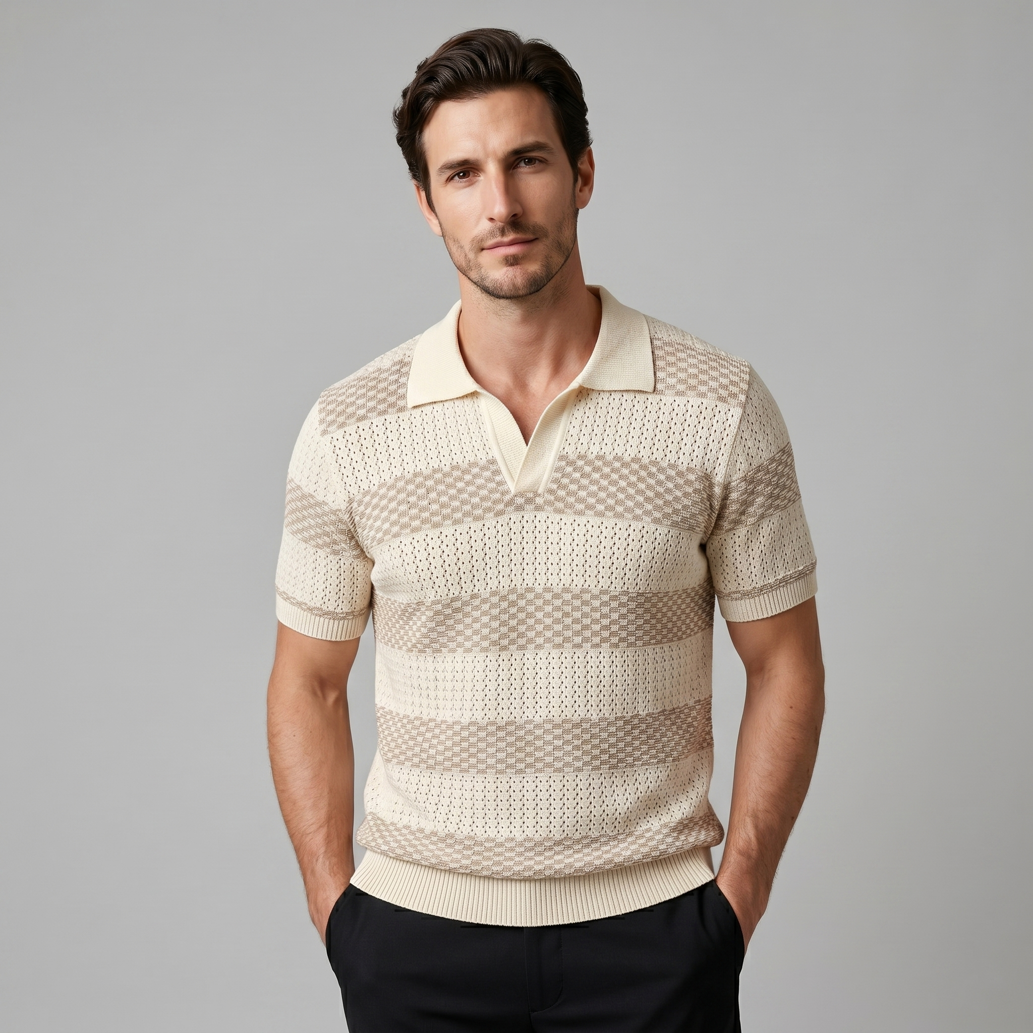 Navy Striped Jacquard Knit Polo Shirt for Men