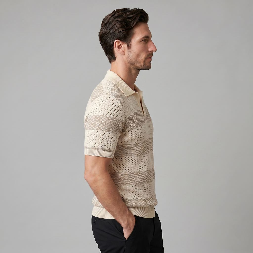 Navy Striped Jacquard Knit Polo Shirt for Men