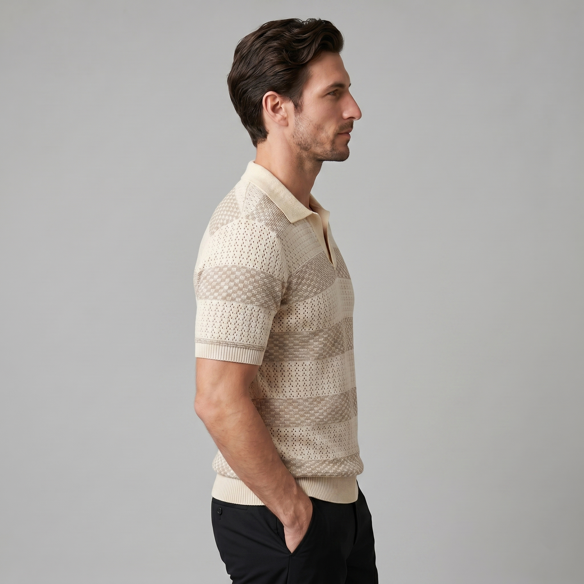 Navy Striped Jacquard Knit Polo Shirt for Men