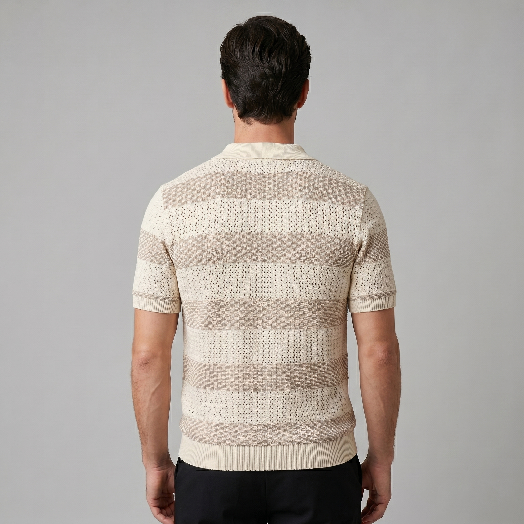 Navy Striped Jacquard Knit Polo Shirt for Men