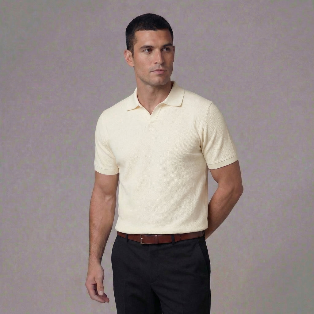 Structured V-Neck Short Sleeve Polo Shirt for Men