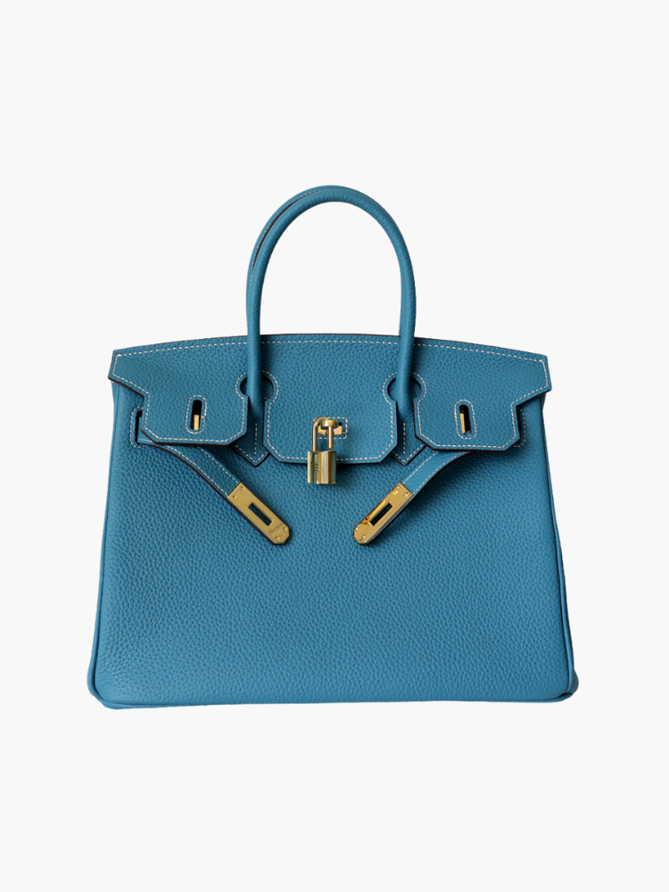 Genuine Leather Twist Lock Multi Pocket Handbag with Gold Hardware for Women
