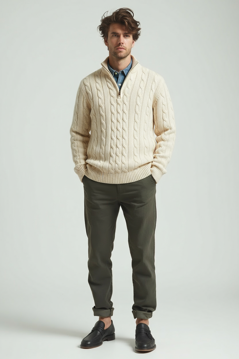 Men's Luxury Turtleneck - Jacquard Knitted Sweater with Zipper