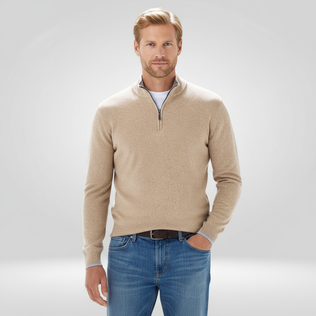Men's Zip-up Sweater – Half Zip Pullover with Rib Structure & Comfortable Fit