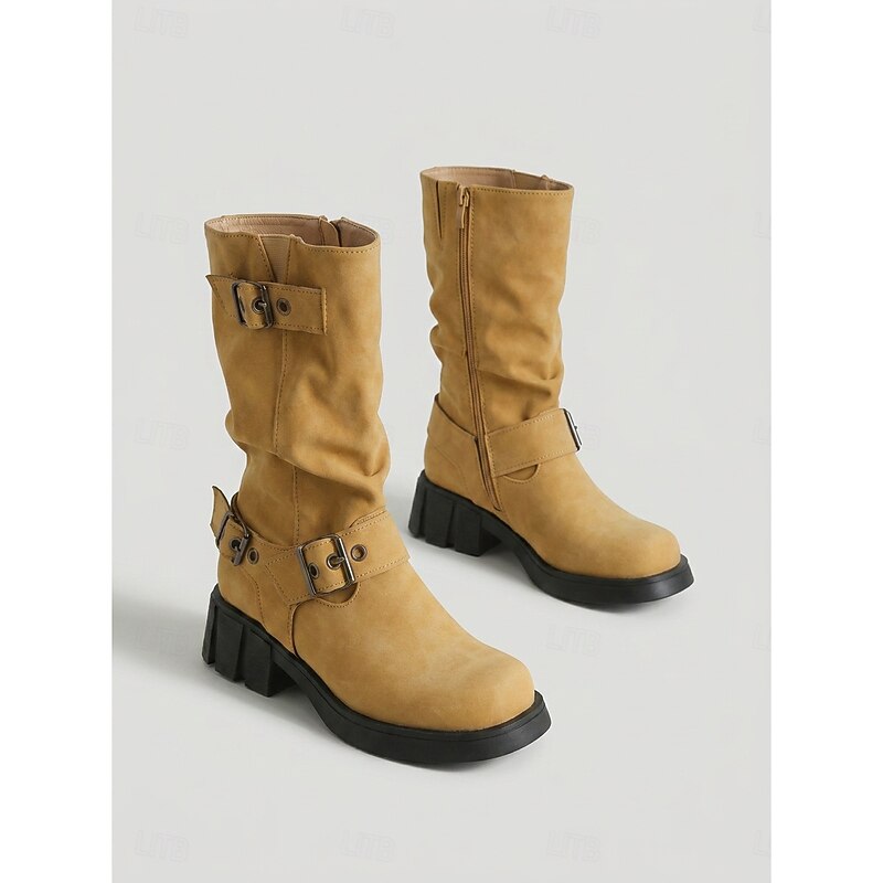 Mid Calf Vintage Buckle Biker Boots with Block Heel and Lug Sole for Women