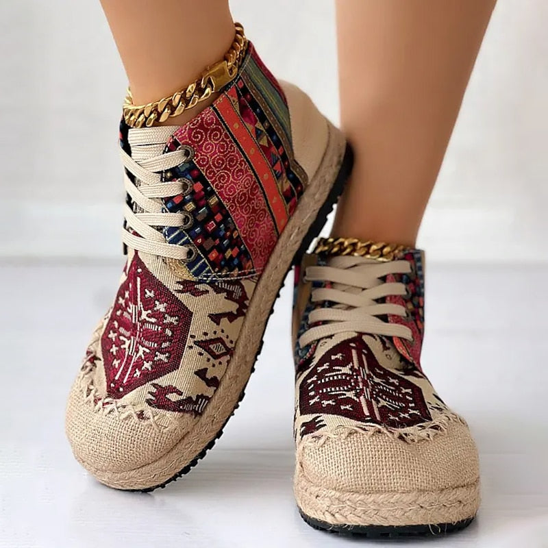 Bohemian Patterned Platform High Top Sneakers for Women | Lace Up Casual Wear