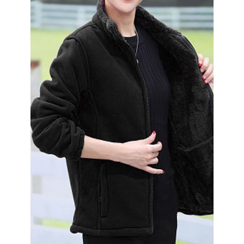Plush Lined Loose Fit Stand Collar Full Zip Jacket with Pockets for Women