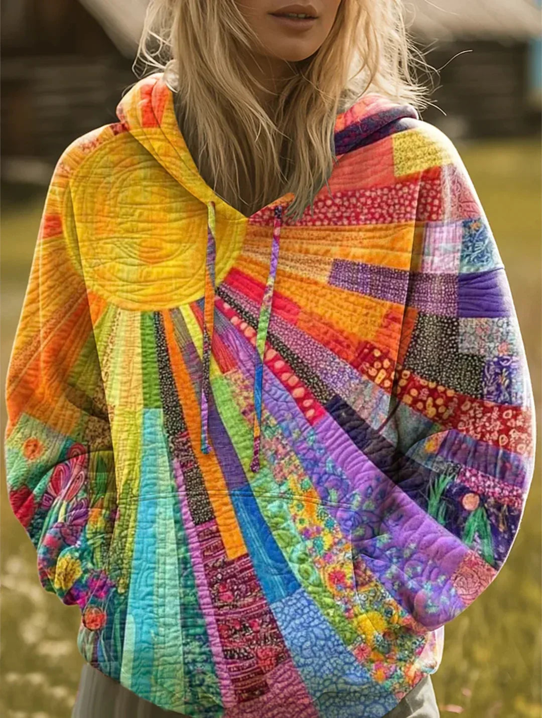 Multicolor Patchwork Sun Print Relaxed Fit Long Sleeve Hoodie for Women