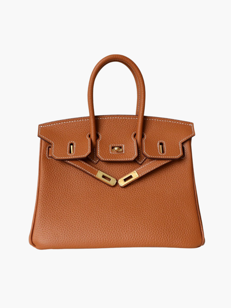 Genuine Leather Twist Lock Multi Pocket Handbag with Gold Hardware for Women