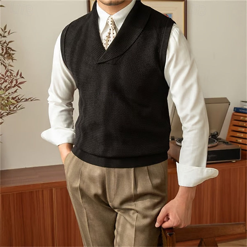 Knit Shawl Collar V Neck Sweater Vest for Men | Regular Fit Layering Top
