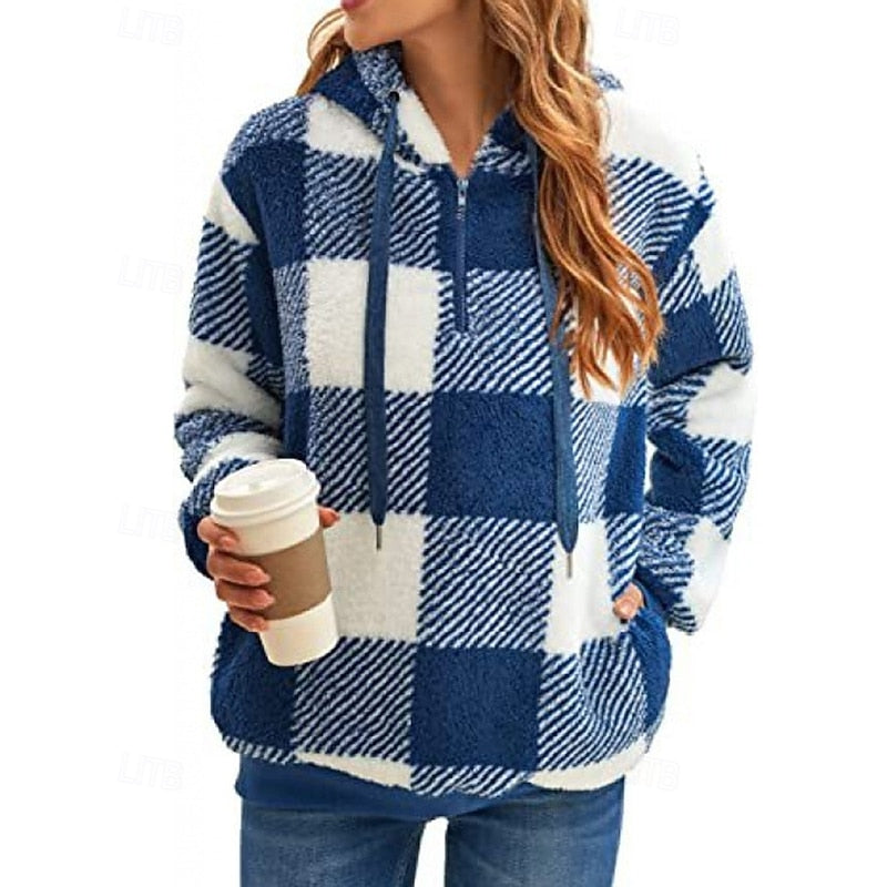 Checkered Quarter Zip Pullover Hoodie with Front Pocket for Women | Relaxed Fit