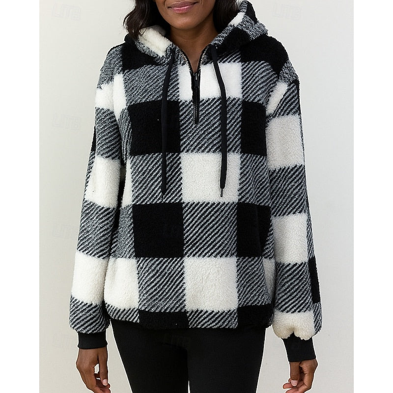 Checkered Quarter Zip Pullover Hoodie with Front Pocket for Women | Relaxed Fit
