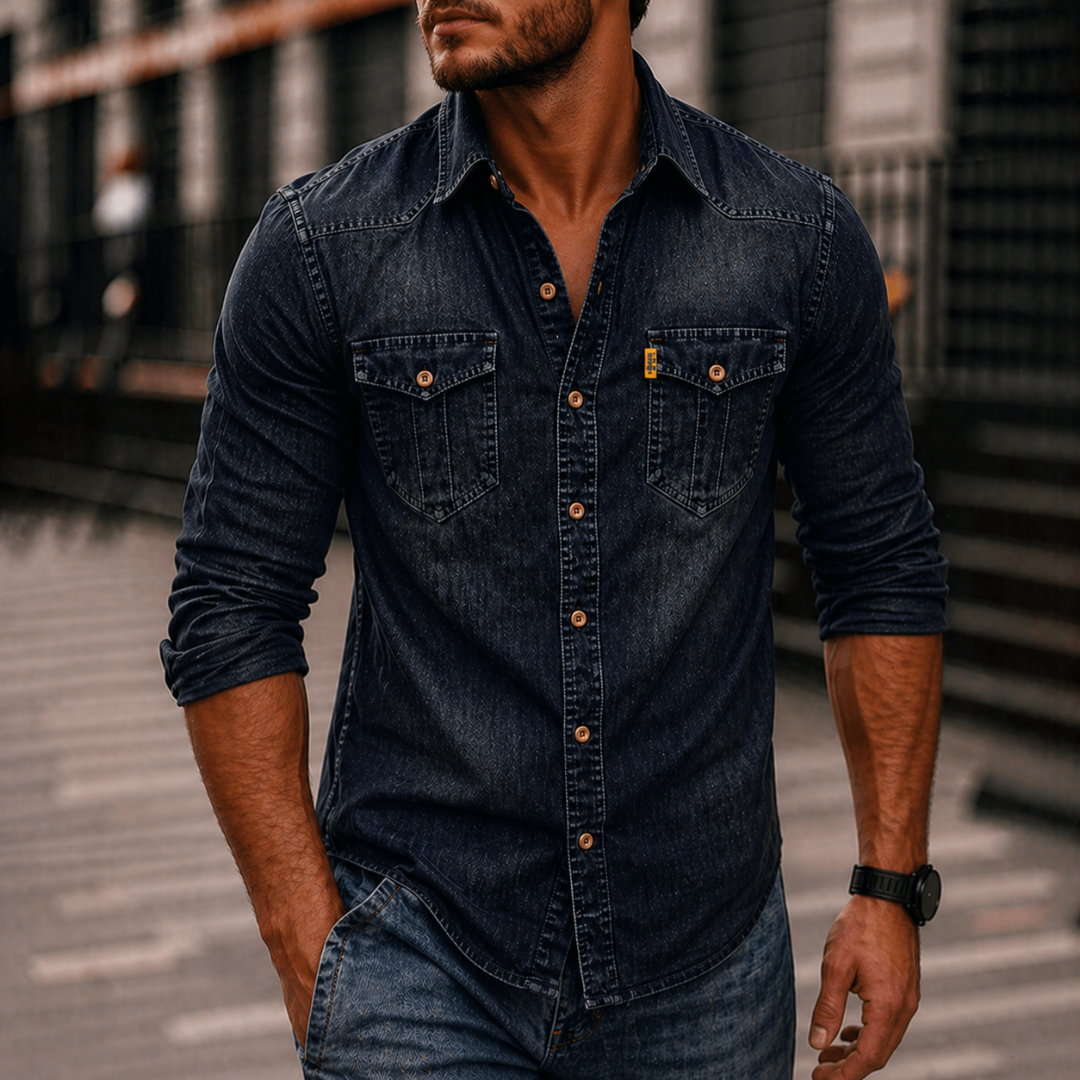 Denim Button Up Long Sleeve Shirt with Flap Chest Pockets for Men | Casual Wear