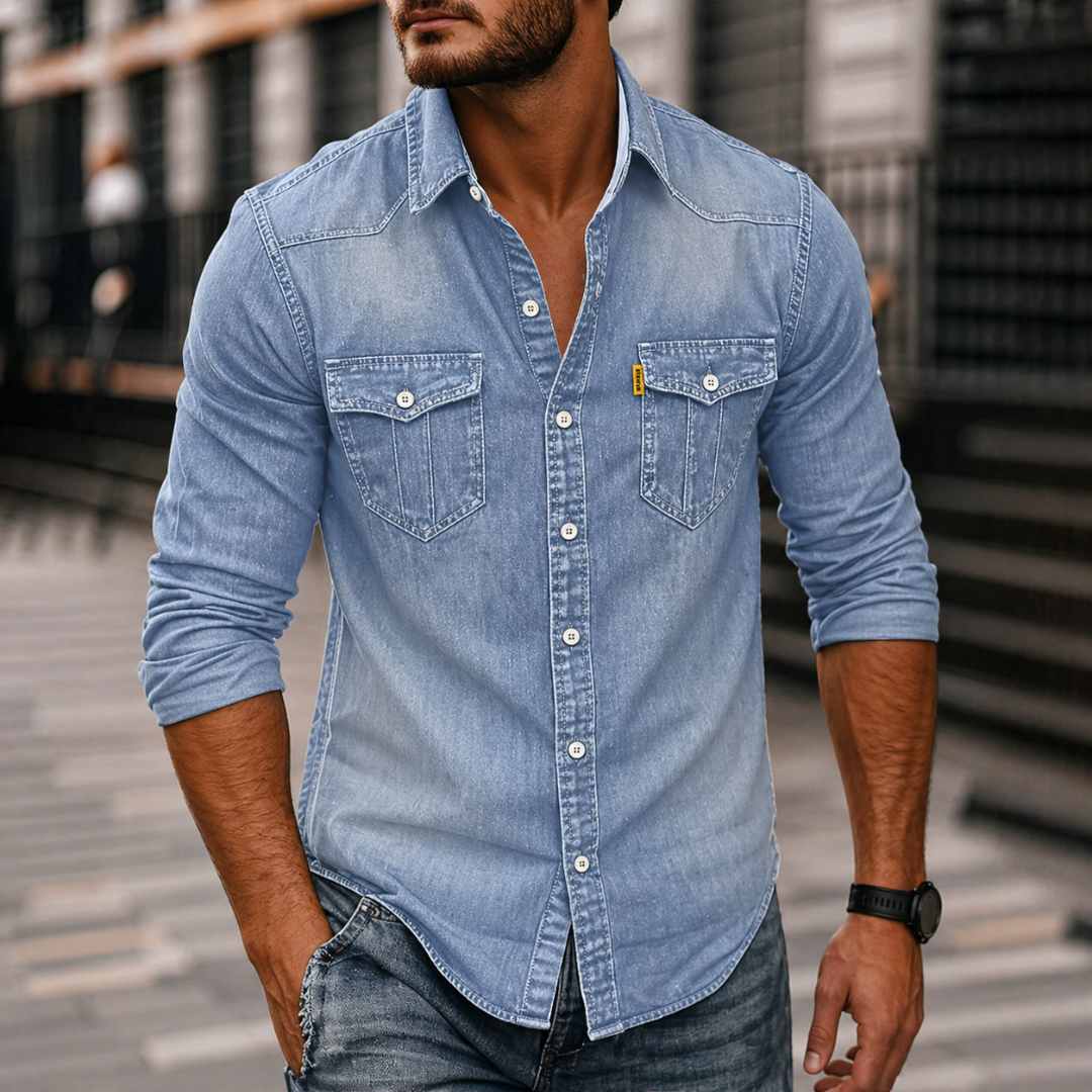 Denim Button Up Long Sleeve Shirt with Flap Chest Pockets for Men | Casual Wear