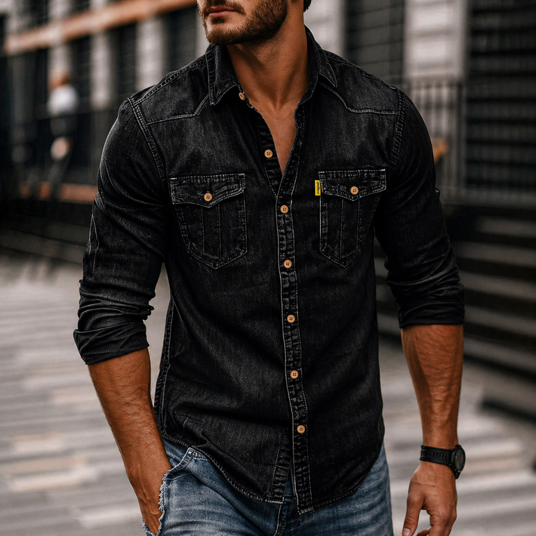 Denim Button Up Long Sleeve Shirt with Flap Chest Pockets for Men | Casual Wear