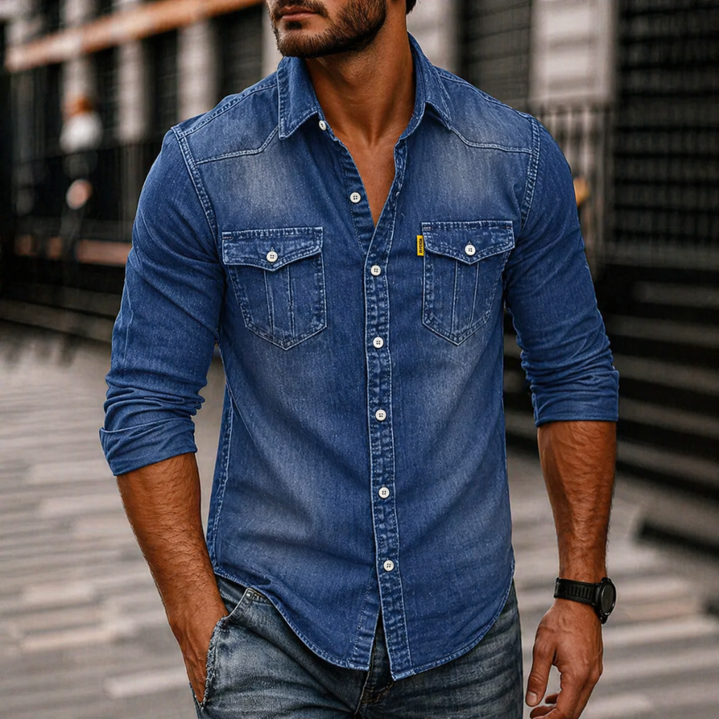 Denim Button Up Long Sleeve Shirt with Flap Chest Pockets for Men | Casual Wear