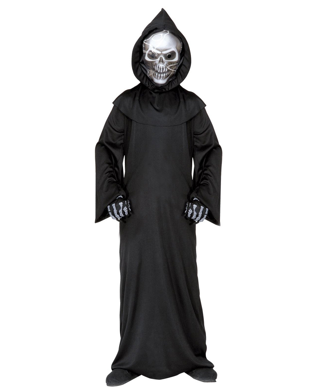 Black Hooded Grim Reaper Robe with Skull Mask and Bone Gloves Costume for Kids