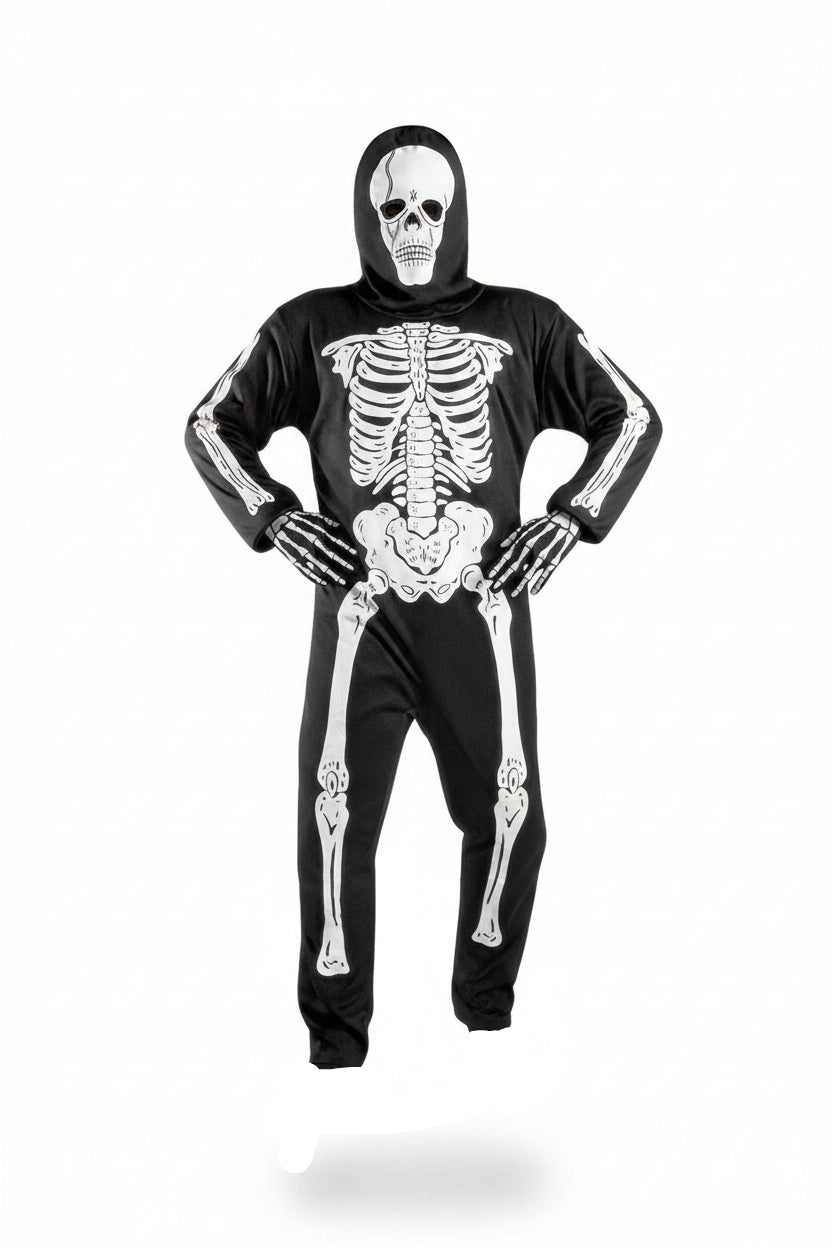 Black and White Skeleton Print Full Body Costume with Skull Mask | Kids