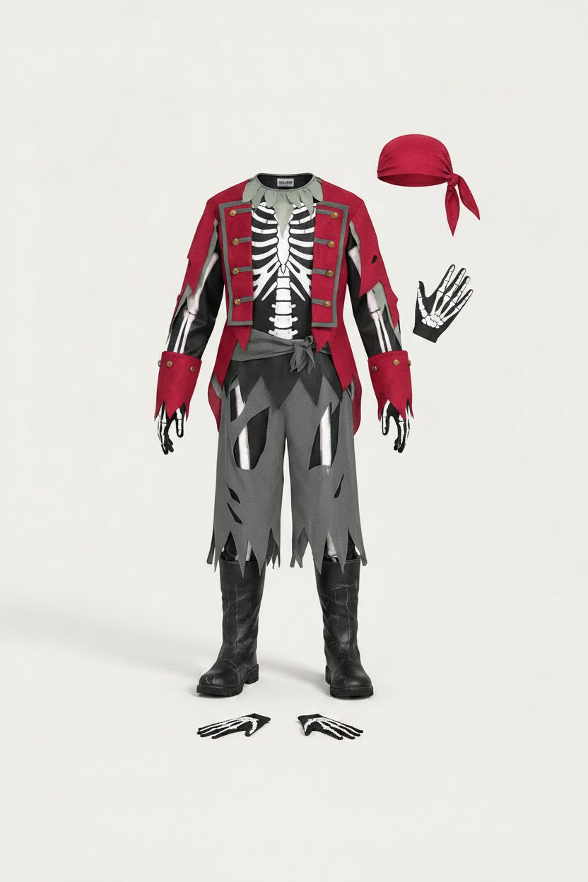 Gray Red Skeleton Print Pirate Costume with Vest Belt and Bandana for Kids