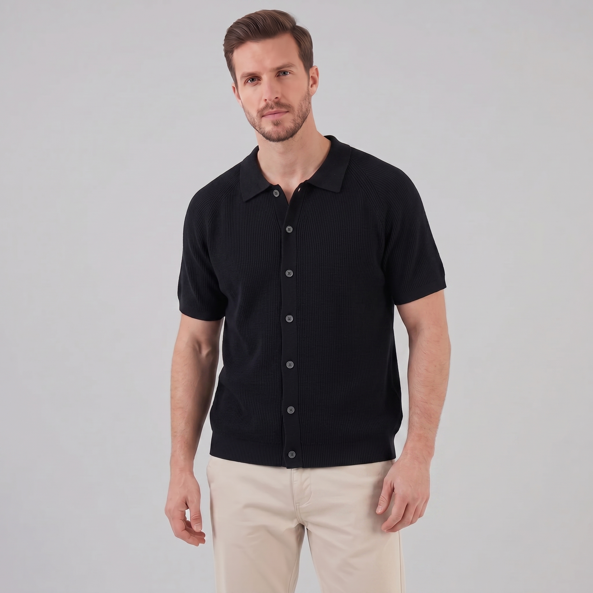 Black Grey Fine Rib Knit Long Sleeve Polo Shirt for Men