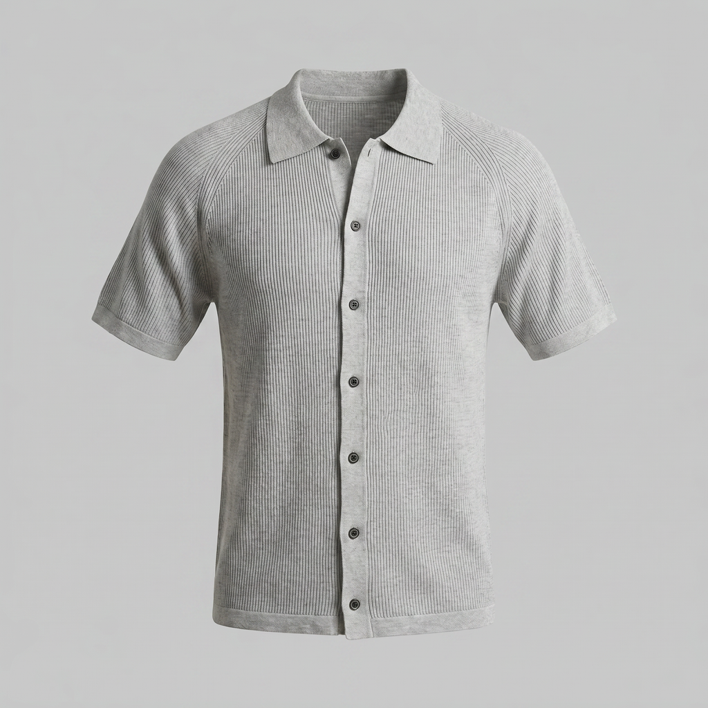 Black Grey Fine Rib Knit Long Sleeve Polo Shirt for Men