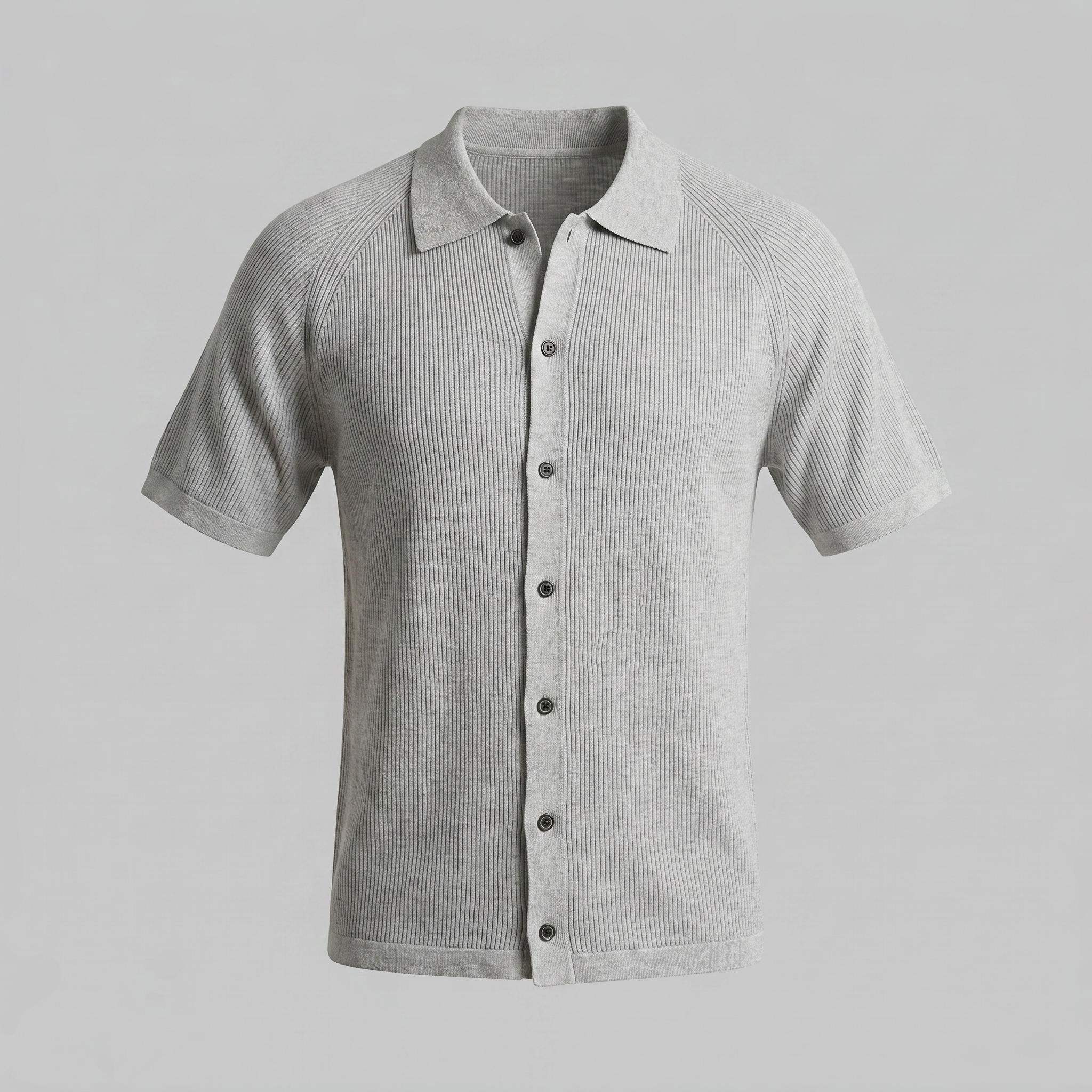 Black Grey Fine Rib Knit Long Sleeve Polo Shirt for Men