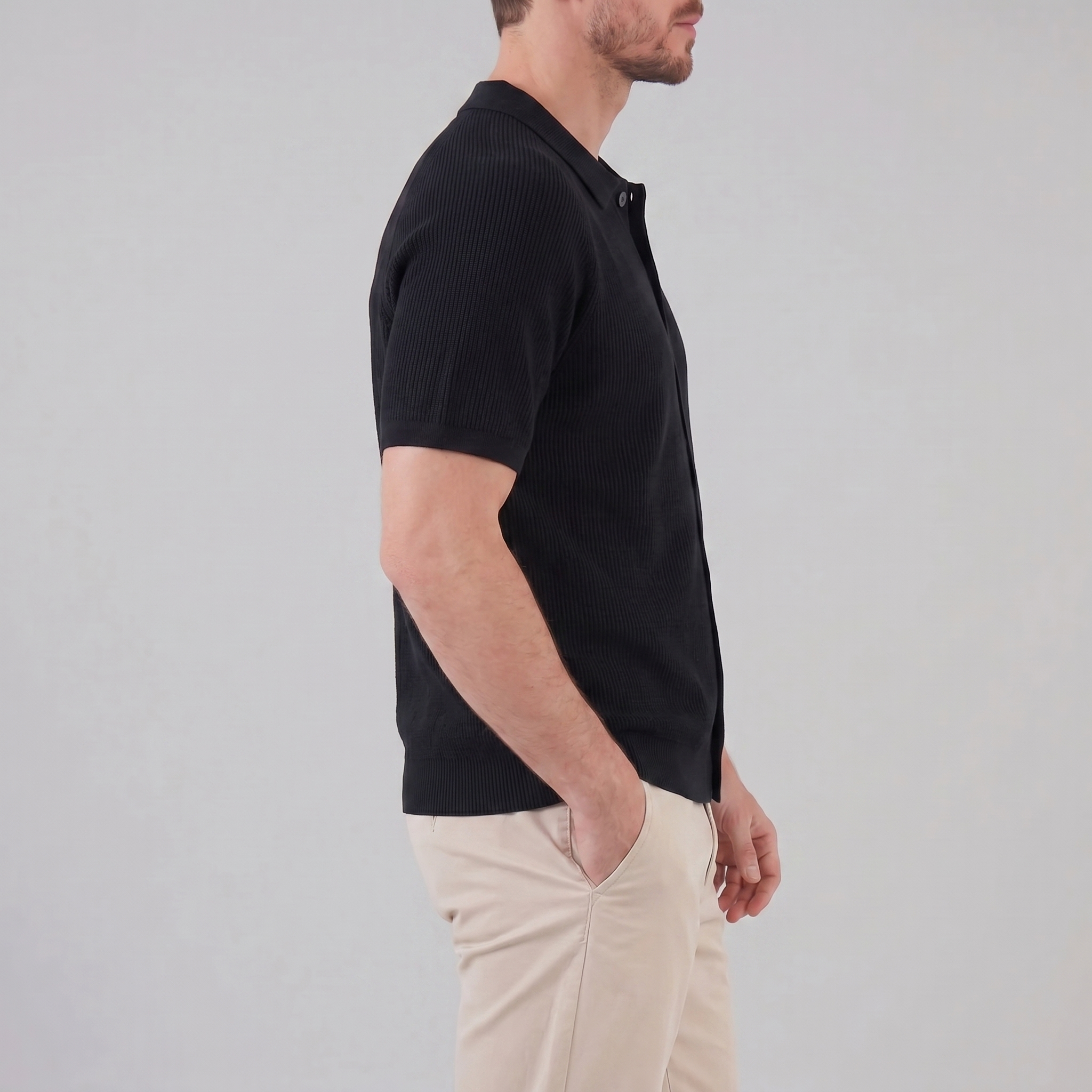 Black Grey Fine Rib Knit Long Sleeve Polo Shirt for Men