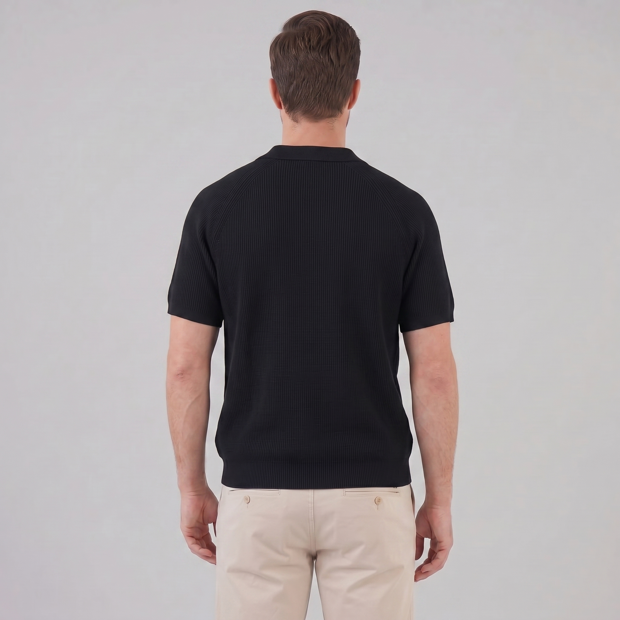 Black Grey Fine Rib Knit Long Sleeve Polo Shirt for Men