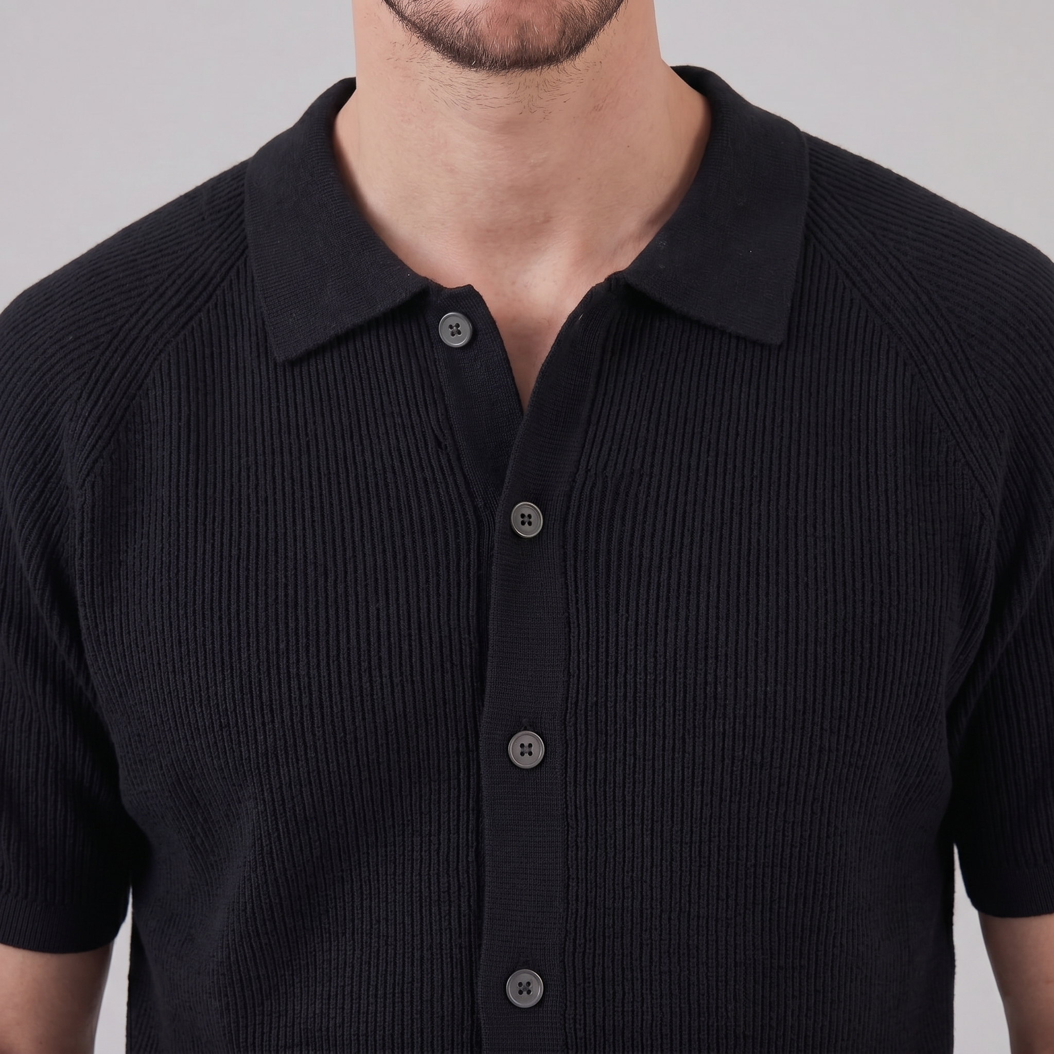 Black Grey Fine Rib Knit Long Sleeve Polo Shirt for Men