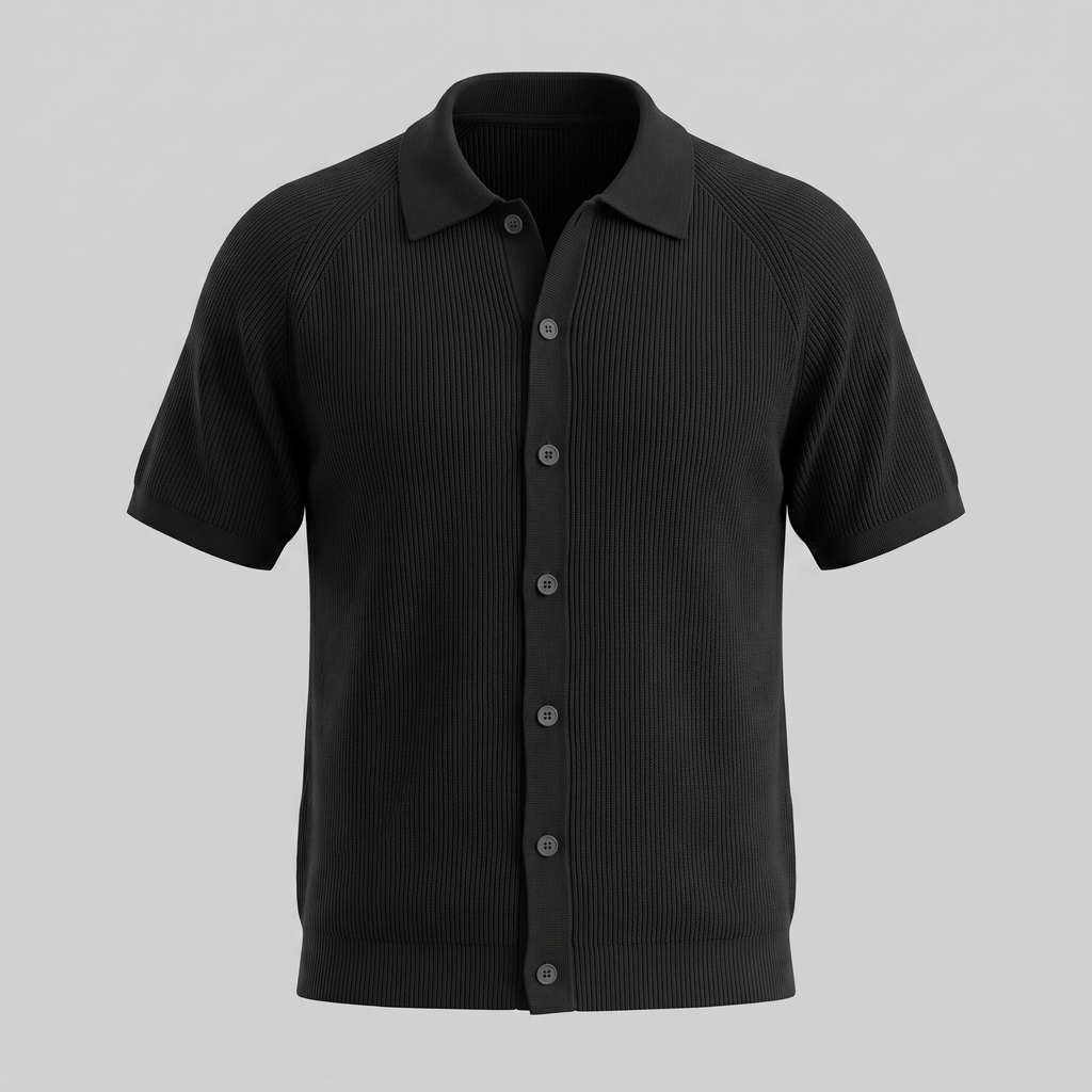 Black Grey Fine Rib Knit Long Sleeve Polo Shirt for Men