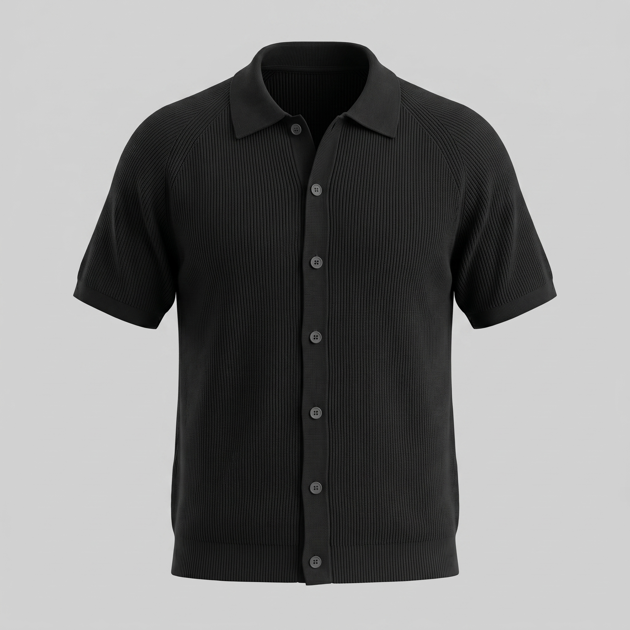 Black Grey Fine Rib Knit Long Sleeve Polo Shirt for Men