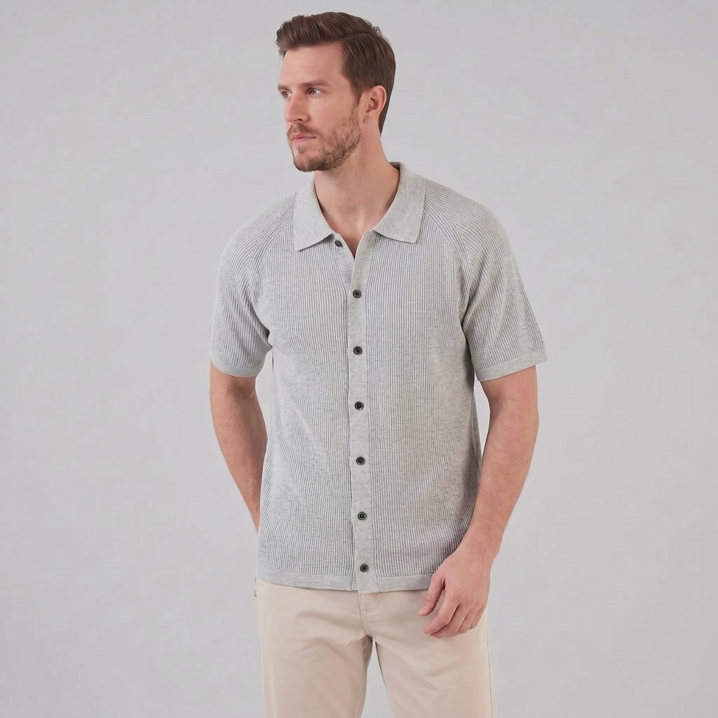 Black Grey Fine Rib Knit Long Sleeve Polo Shirt for Men