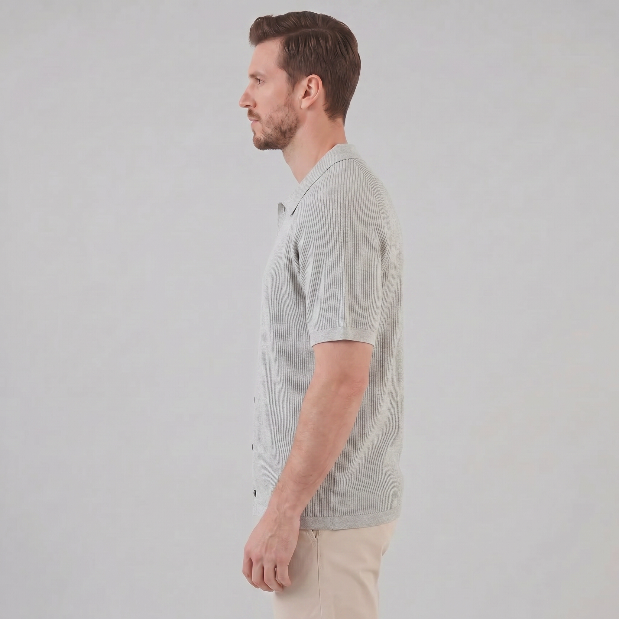 Black Grey Fine Rib Knit Long Sleeve Polo Shirt for Men