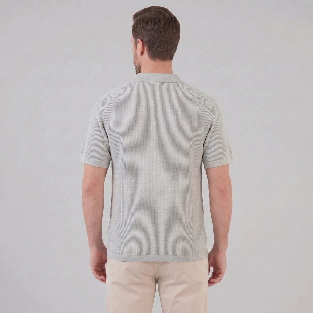 Black Grey Fine Rib Knit Long Sleeve Polo Shirt for Men
