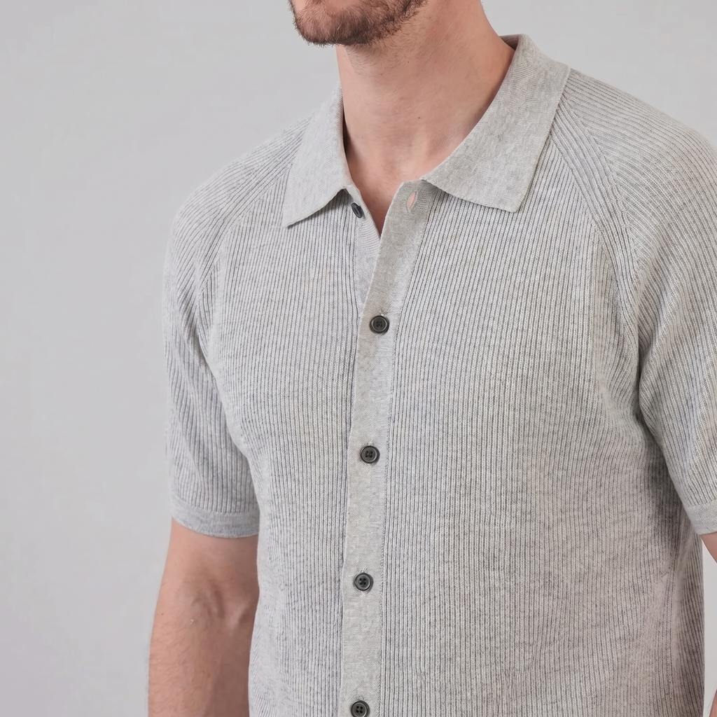 Black Grey Fine Rib Knit Long Sleeve Polo Shirt for Men