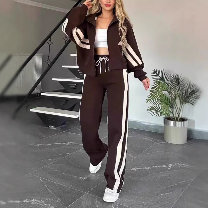 Contrast Stripe Zip Up Jacket and Wide Leg Pants Tracksuit Set for Women