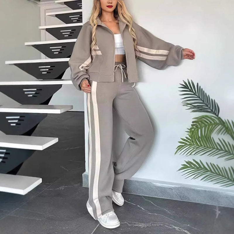Contrast Stripe Zip Up Jacket and Wide Leg Pants Tracksuit Set for Women
